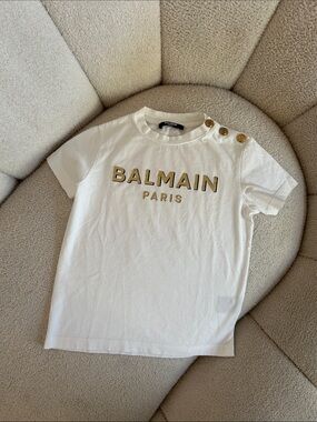 Balmain Kids White Tee with Gold Logo Buttons